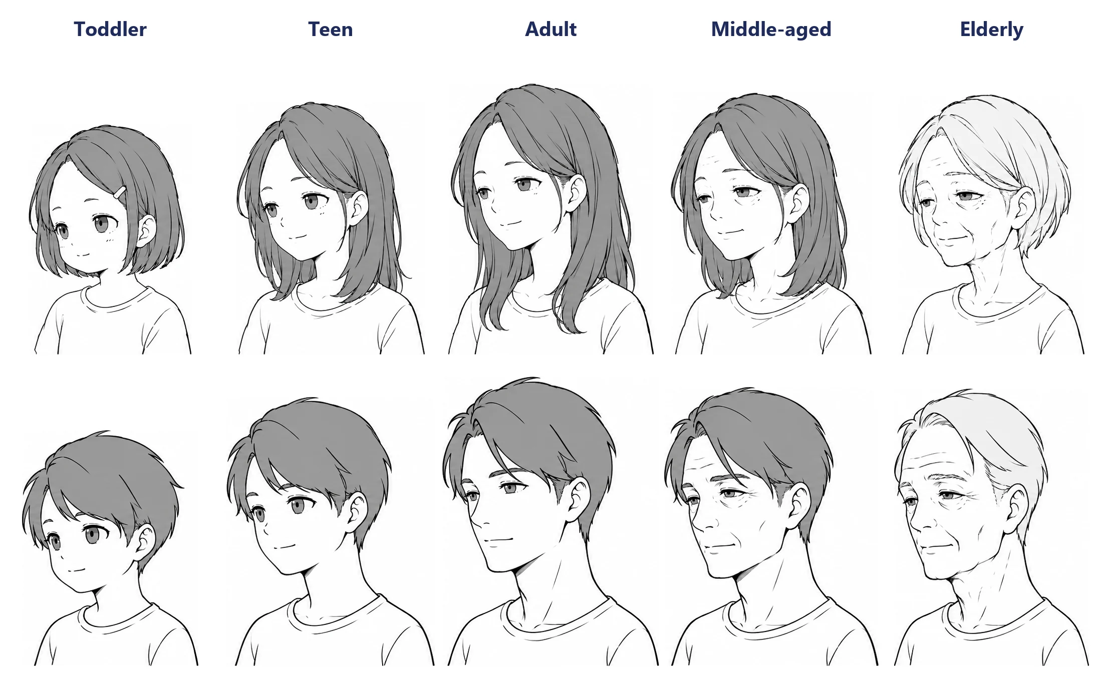 One girl and one boy drawn in anime style at five ages each, from toddler to elderly