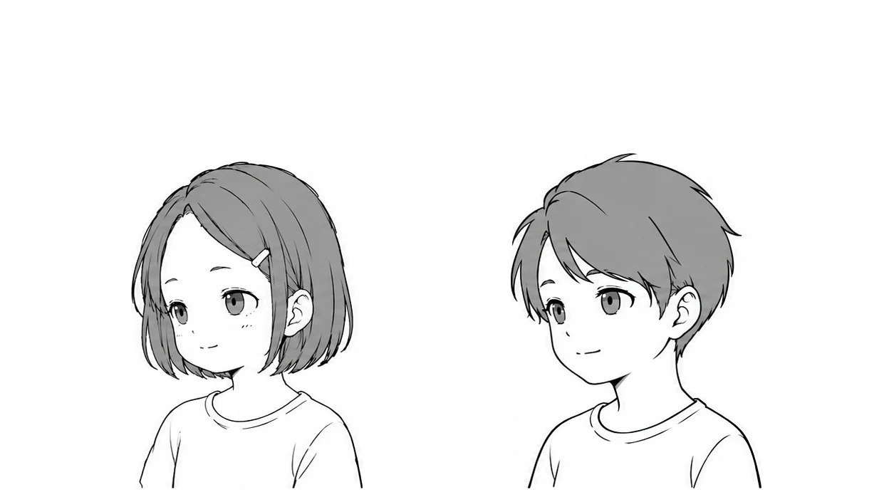 Toddler girl and boy with round faces and big eyes