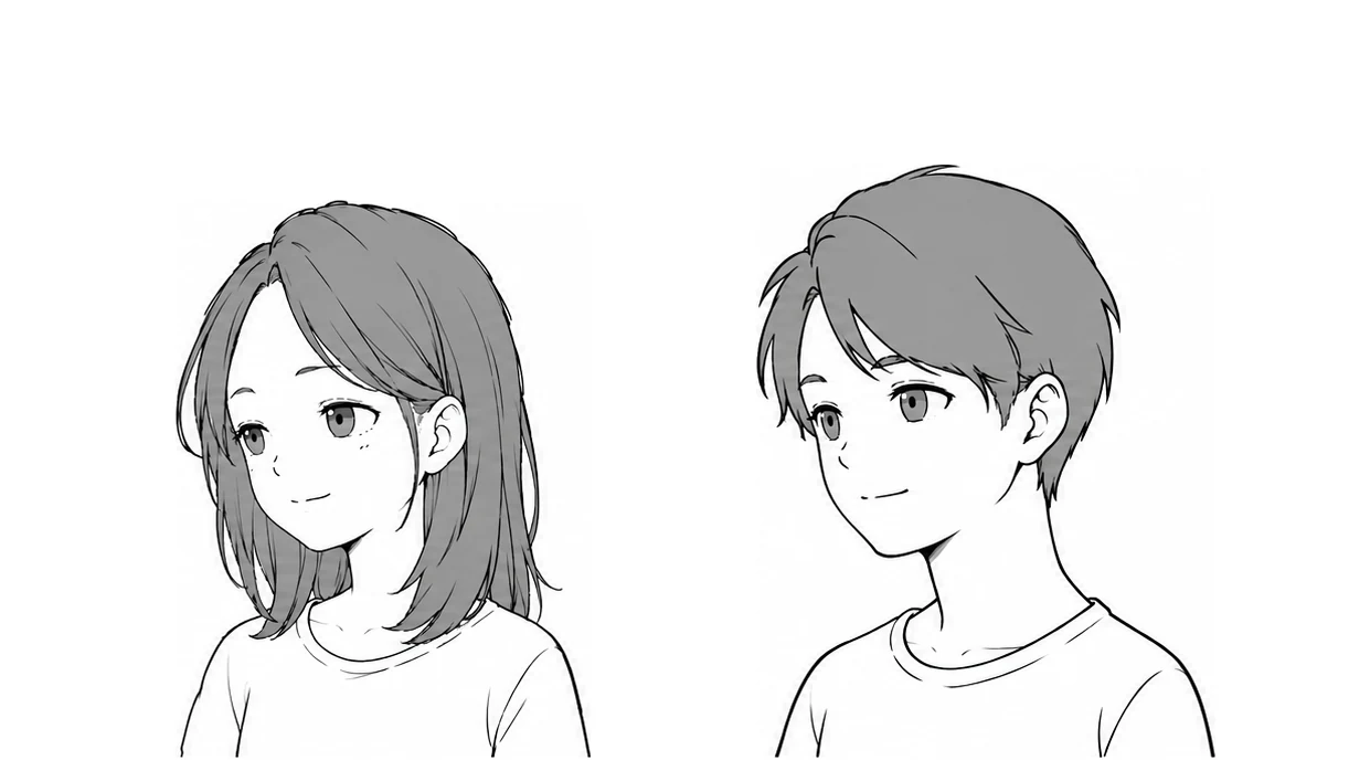 Teenage girl and boy with soft cheeks and a sharper chin