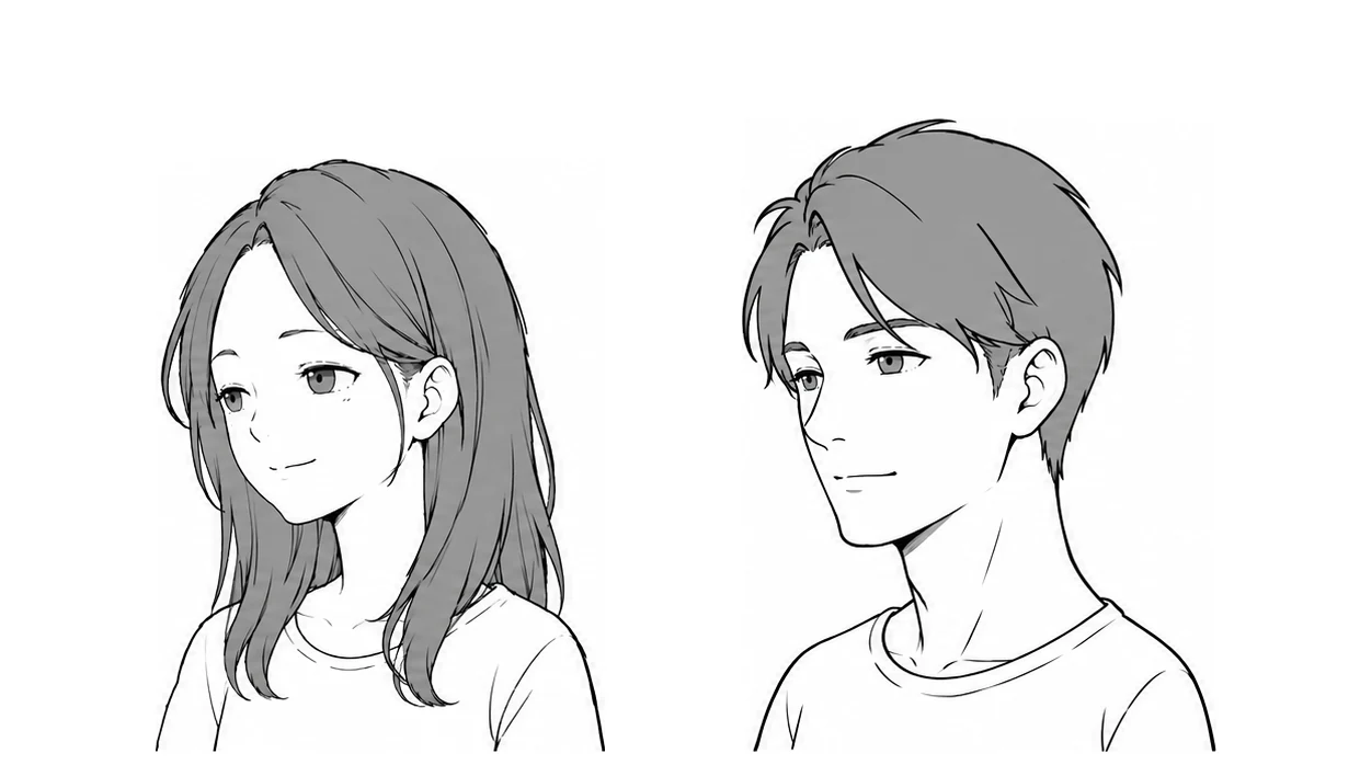 Adult woman and man with longer faces and a clear nose line