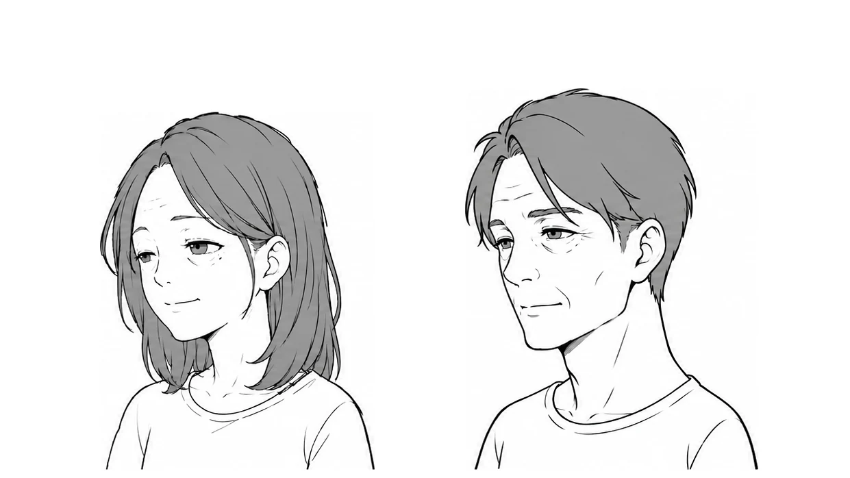 Middle-aged woman and man with a few lines on the forehead and around the eyes