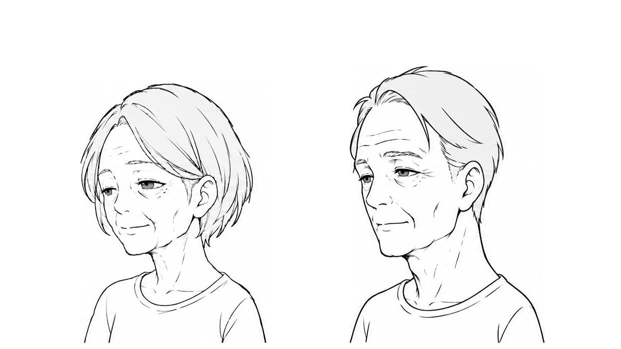 Elderly woman and man with sagging outlines and drooping eyelids