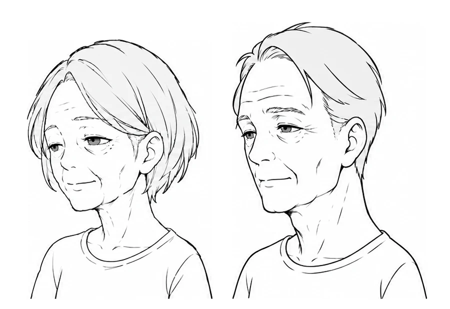 The same girl and boy as elderly people, with sagging outlines and drooping eyelids