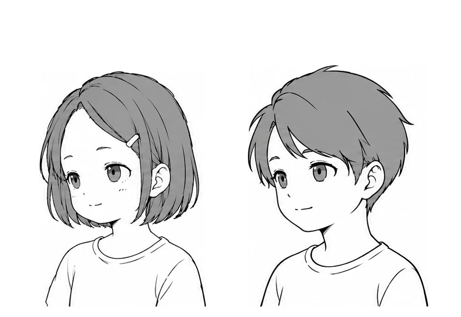 The girl and the boy as toddlers, with round faces and big eyes