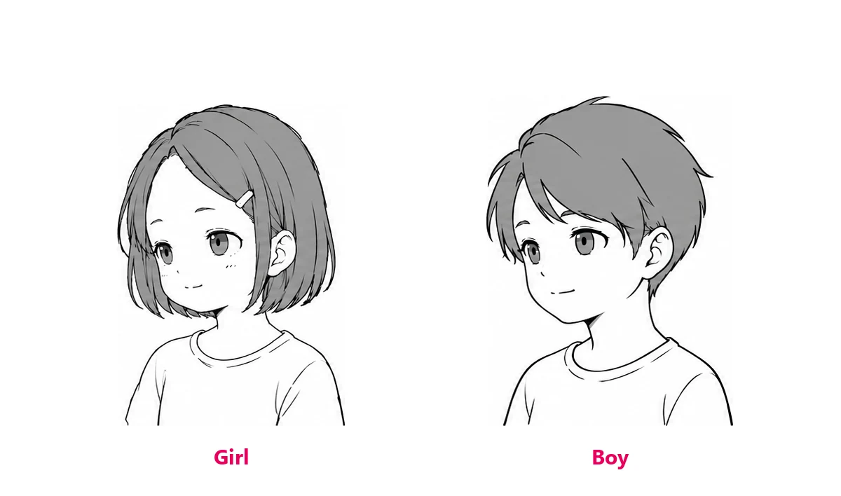 A toddler girl and a toddler boy drawn in anime style, both with round faces, big eyes and features set low on the head