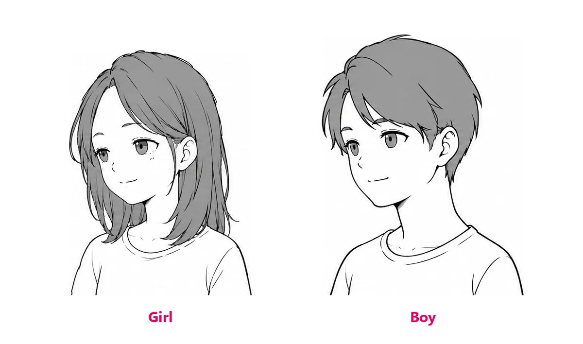 A teenage girl and a teenage boy drawn in anime style, with fairly big eyes, soft cheeks and a more pointed chin than the toddlers
