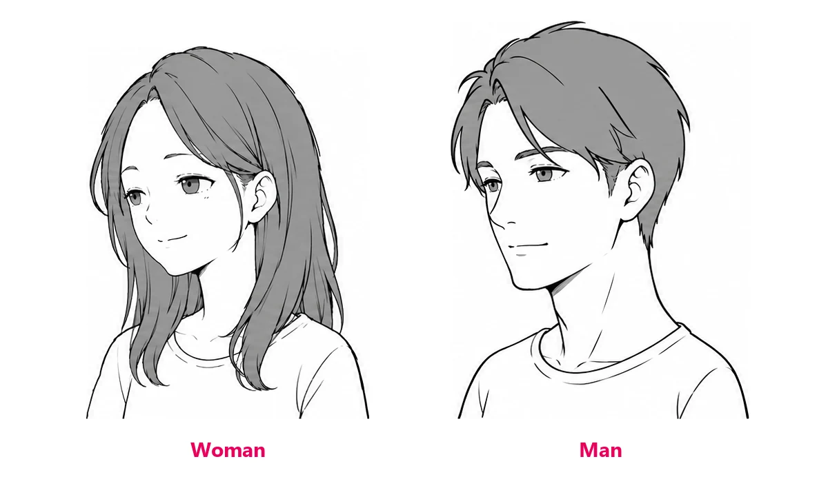 An adult woman and an adult man drawn in anime style, with longer faces, a clear nose line and smaller-looking eyes; the man has a solid lower jaw