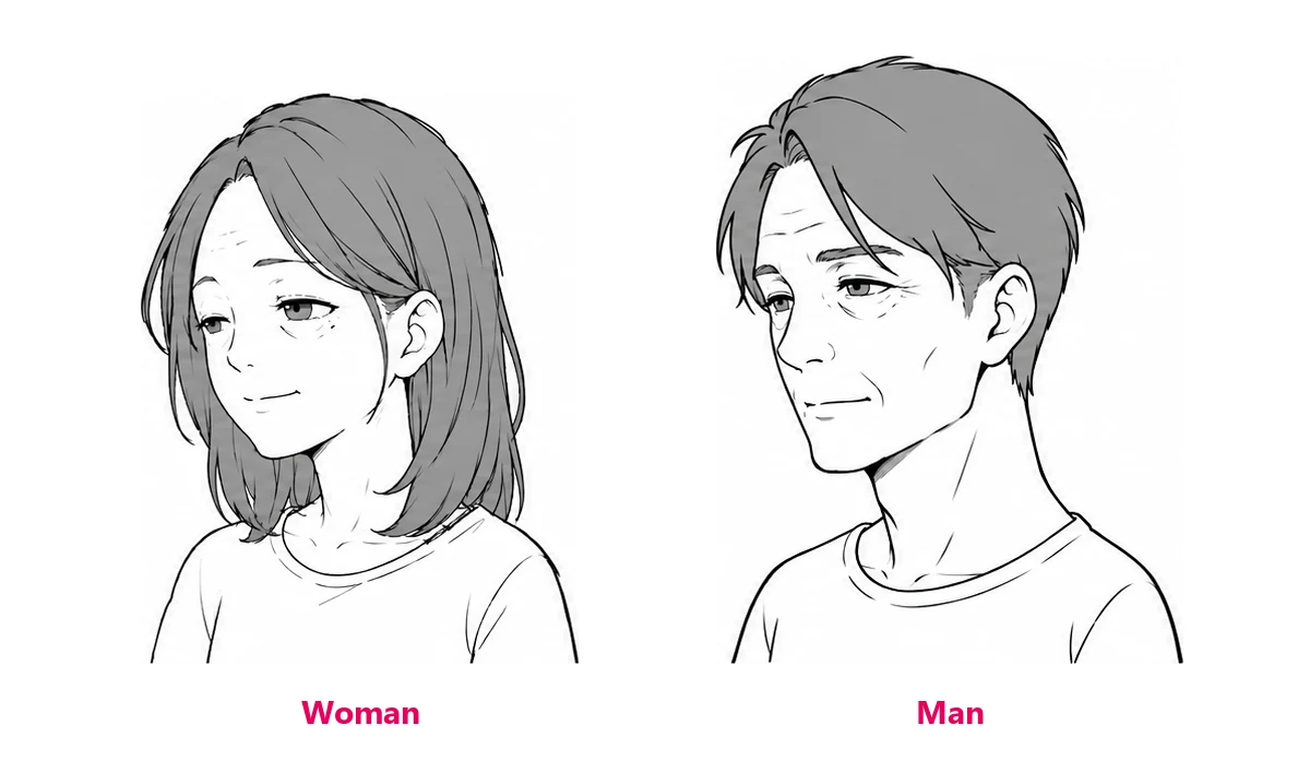 A middle-aged woman and a middle-aged man drawn in anime style, with a few lines on the forehead and around the eyes; the man has hollow cheeks and lines beside the mouth