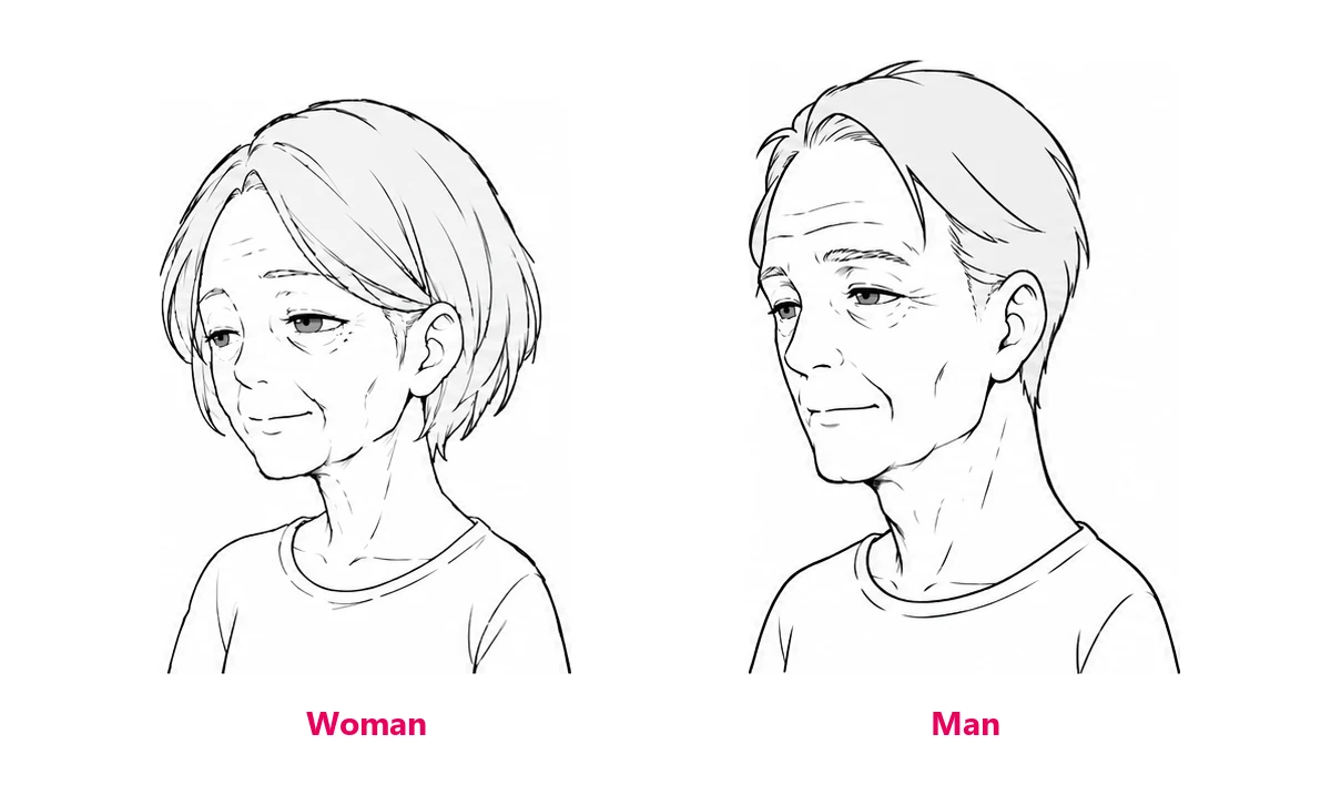 An elderly woman and an elderly man drawn in anime style, with sagging outlines, drooping eyelids and firm nose and cheekbone lines; the man has a receding hairline