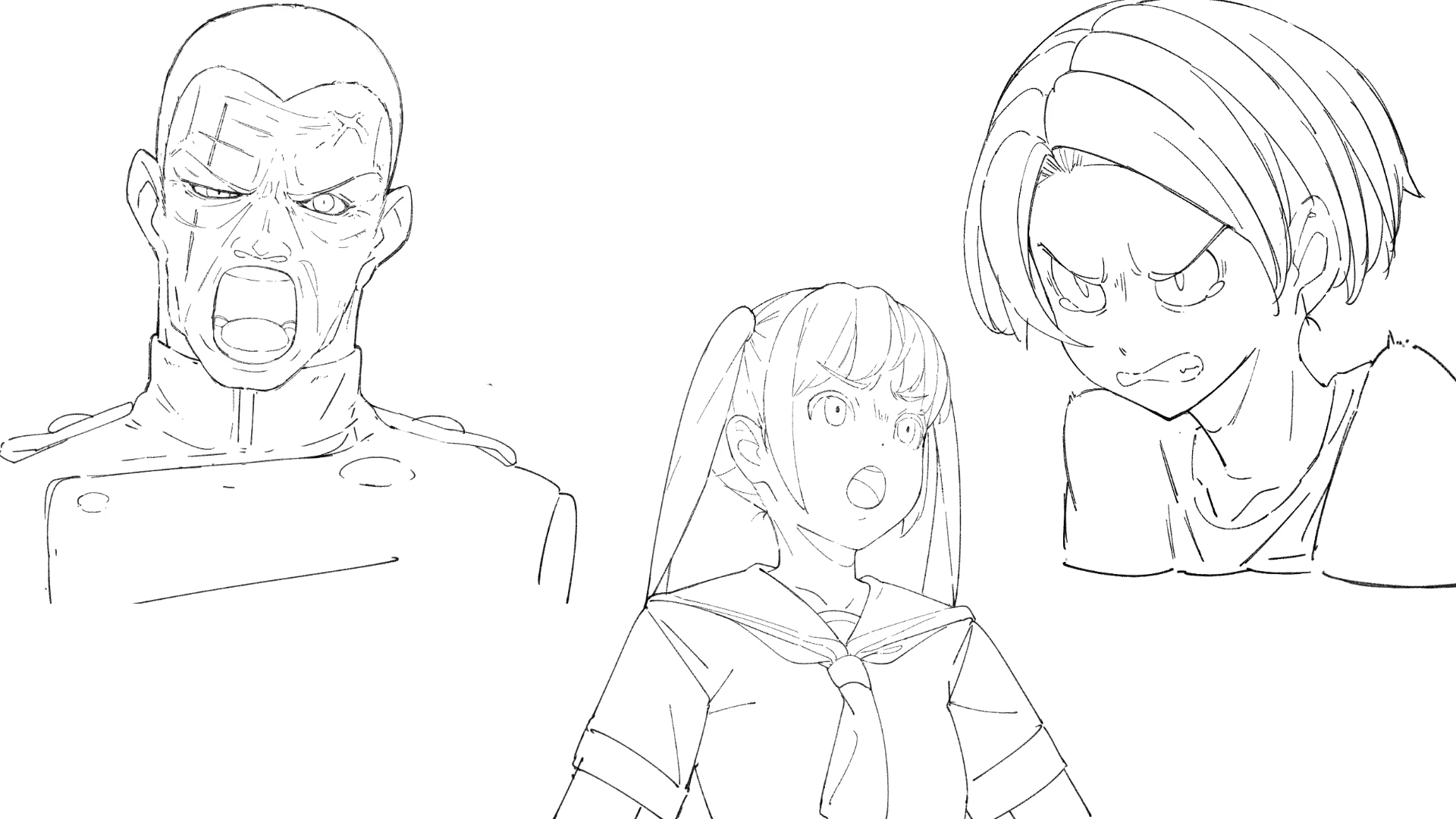 Three anime characters from the lesson: a man shouting in rage, a surprised schoolgirl and a girl glaring with clenched teeth