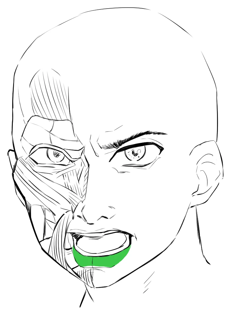 The same half-muscle face with the jutting lower lip filled in green