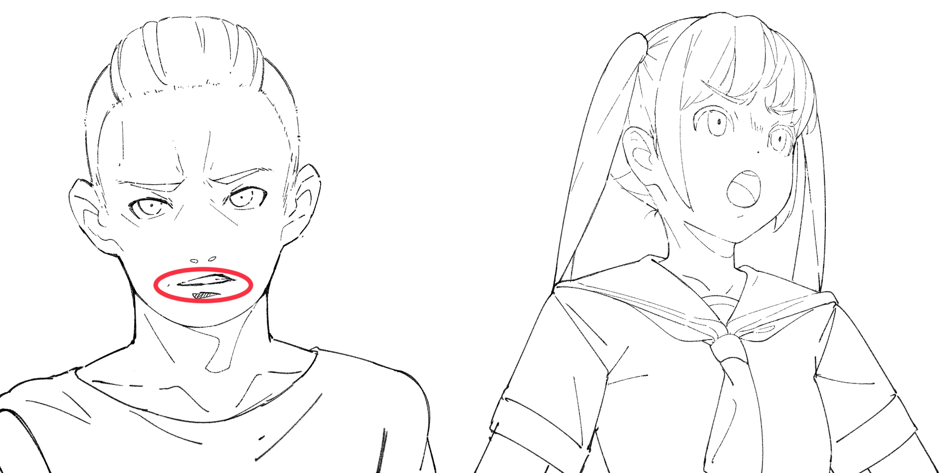 Two anime characters with mild anger, a red ellipse around the boy's tight mouth