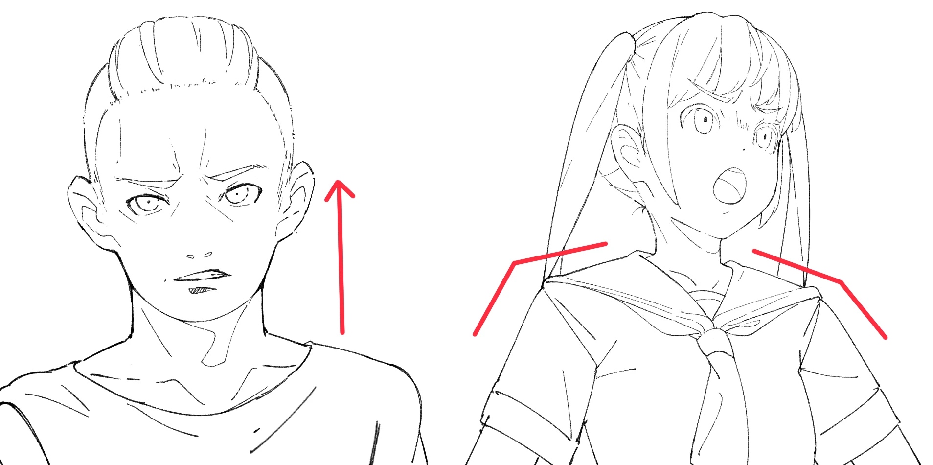 Two anime characters showing mild anger, with red lines marking a boy glaring up and a girl with raised shoulders