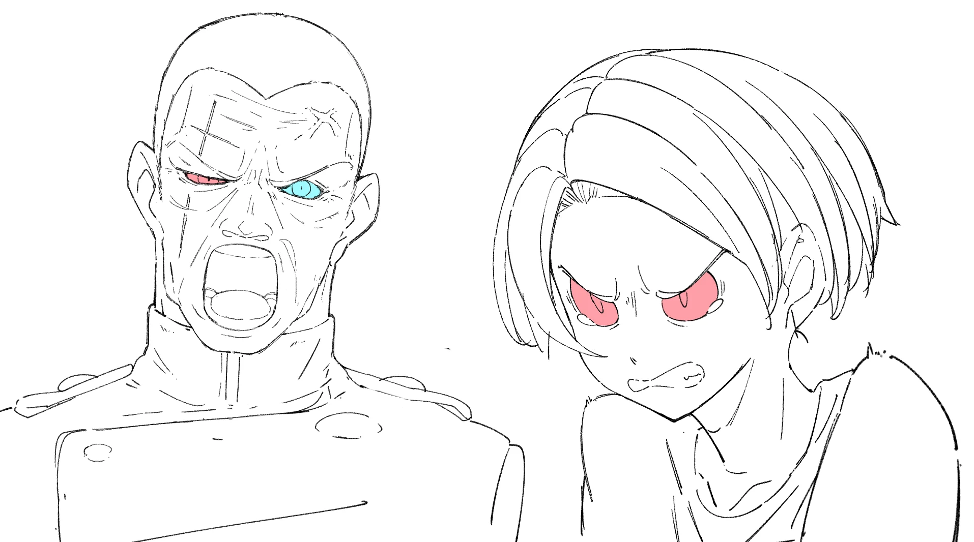 Two anime characters in intense anger. The man's eyes open by different amounts and are colored red and blue, the girl's eyes are colored red