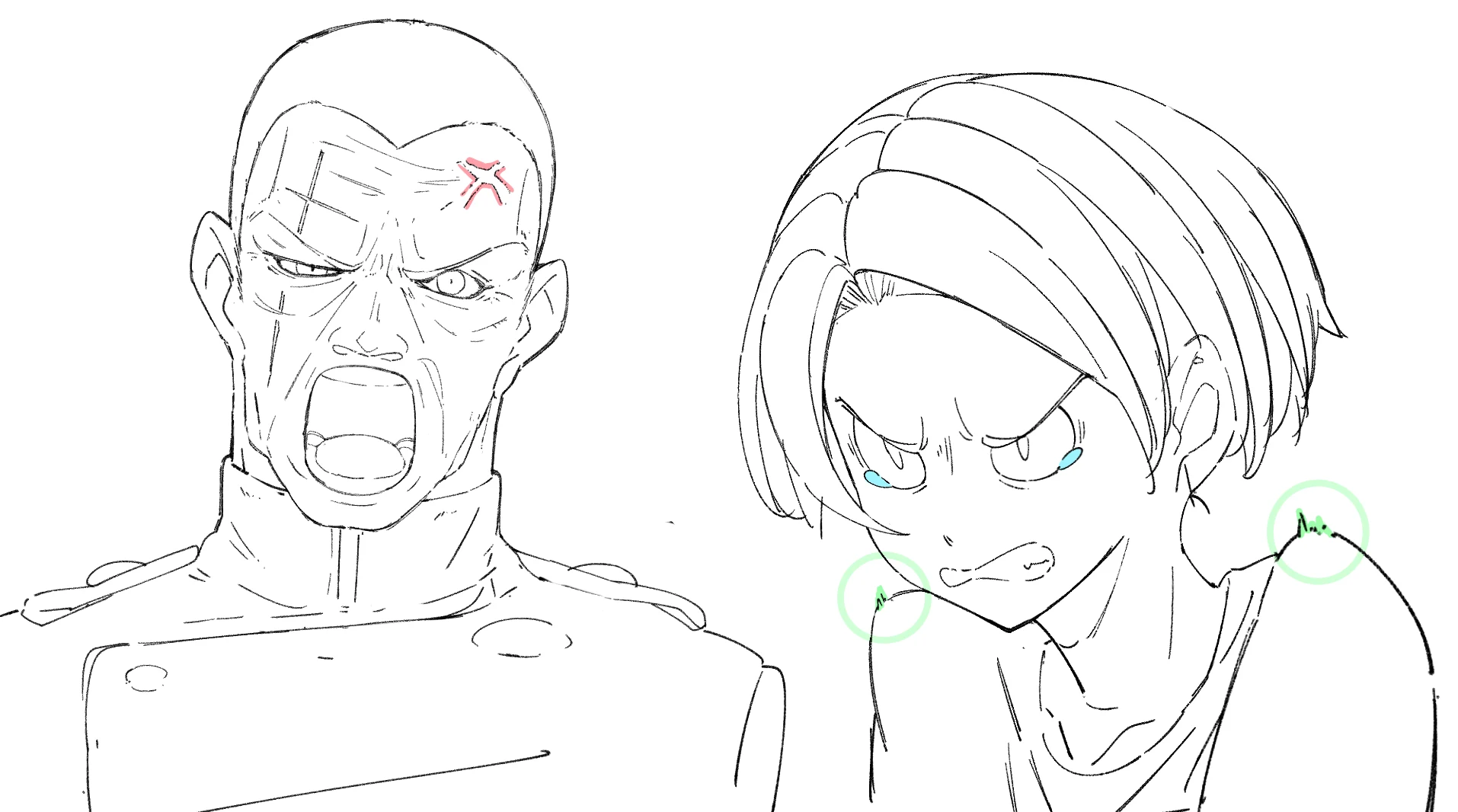 Two anime characters in intense anger, with a vein mark on a man's forehead and tears and trembling marked on a girl