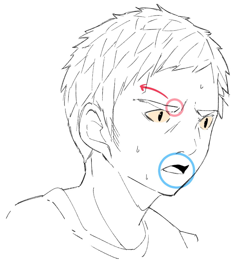 An anime boy surprised, with his brows pulled together, wide yellow eyes, a slack open mouth circled in blue and sweat drops