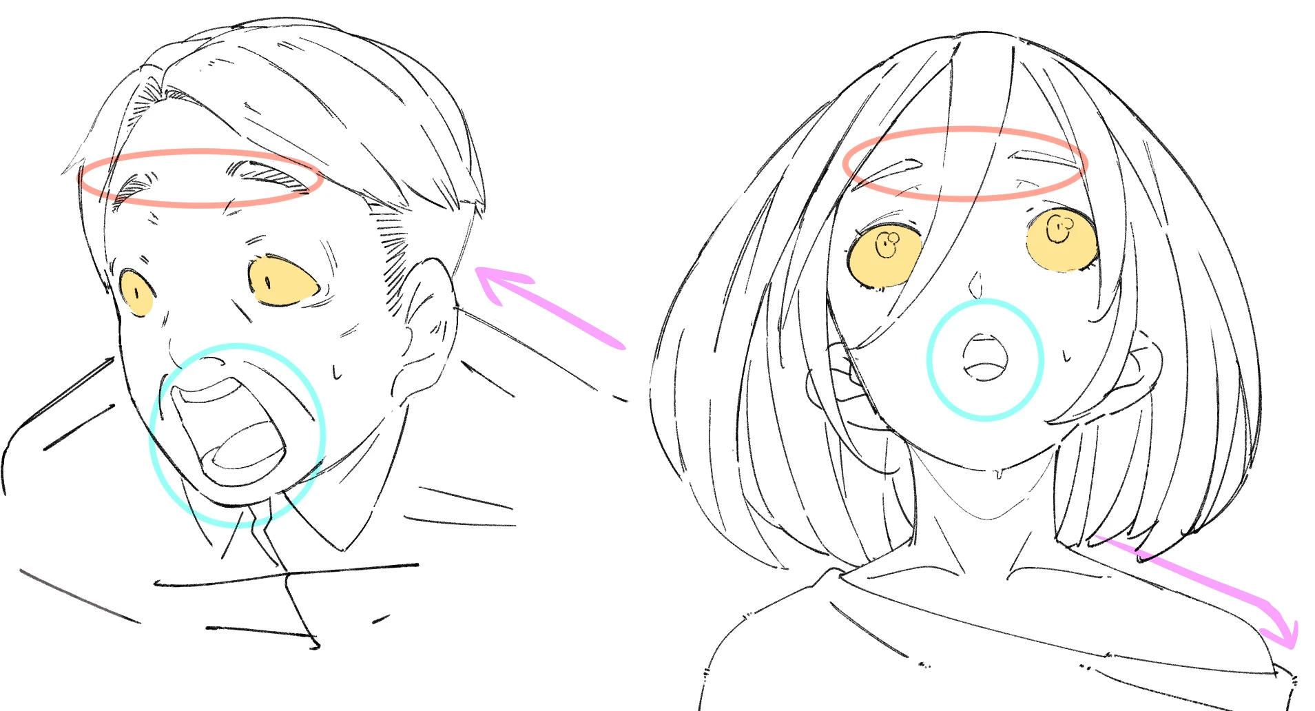 Two shocked anime characters with high brows, small yellow irises, open mouths and purple arrows showing body movement
