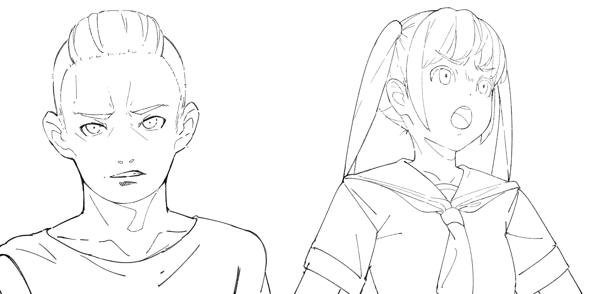 Two anime characters with mild anger: a boy frowning with a tight mouth and a girl with tense brows