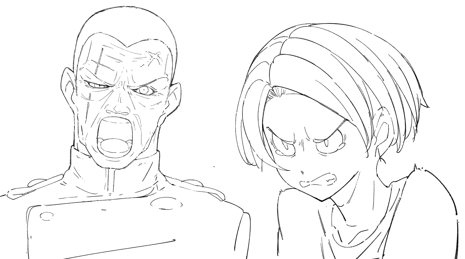 Two anime characters with intense anger: a man shouting and a girl glaring with clenched teeth