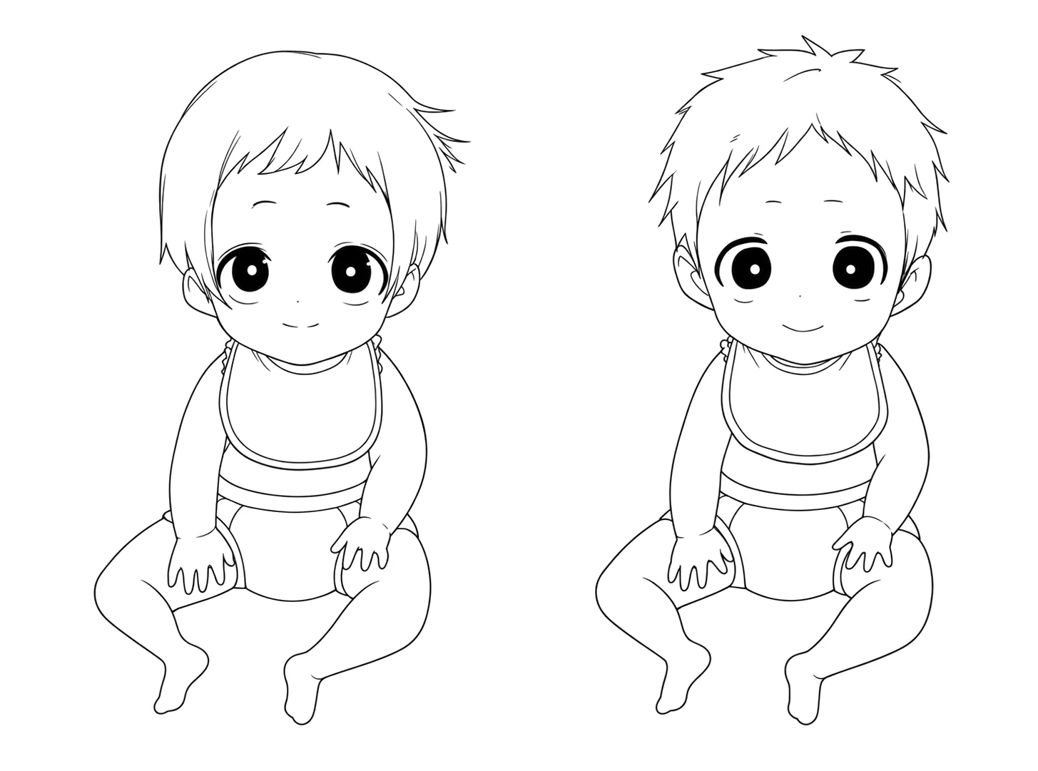 An anime baby girl and baby boy sitting side by side