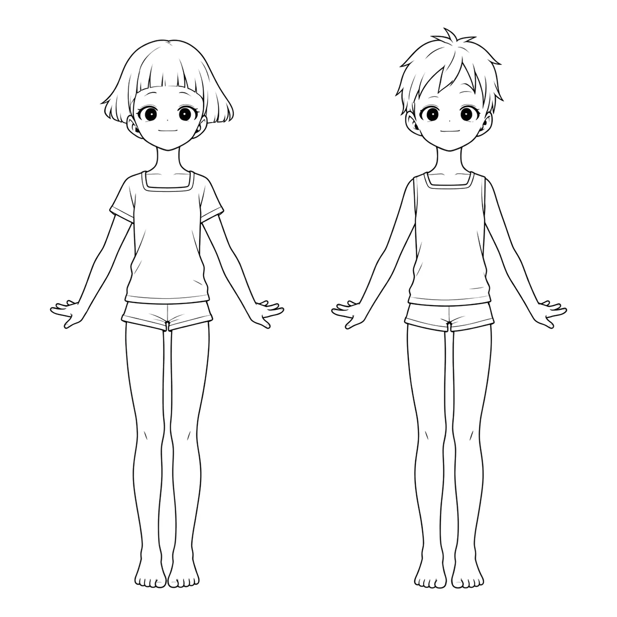 An anime kindergarten girl and boy standing with their arms out, in a T-shirt, a tank top and shorts