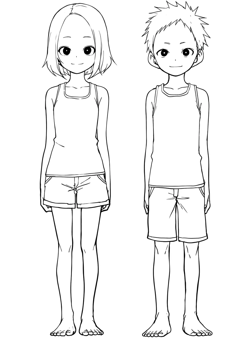 An anime elementary school girl and boy standing with their arms at their sides