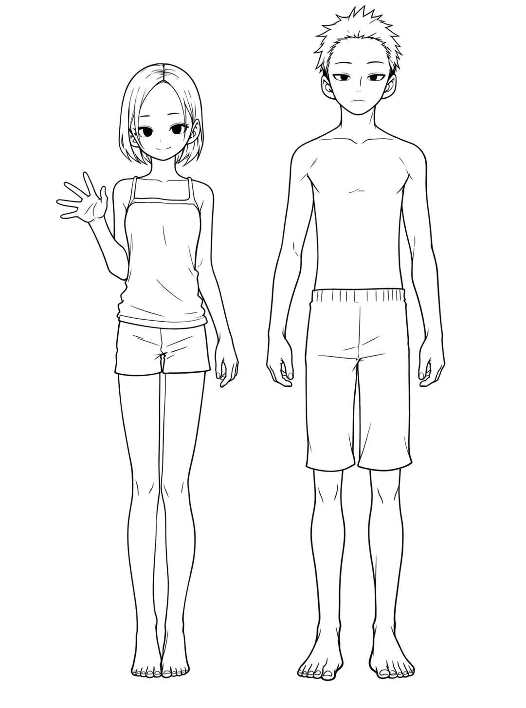 An anime teen girl waving and a teen boy standing, both in casual summer clothes