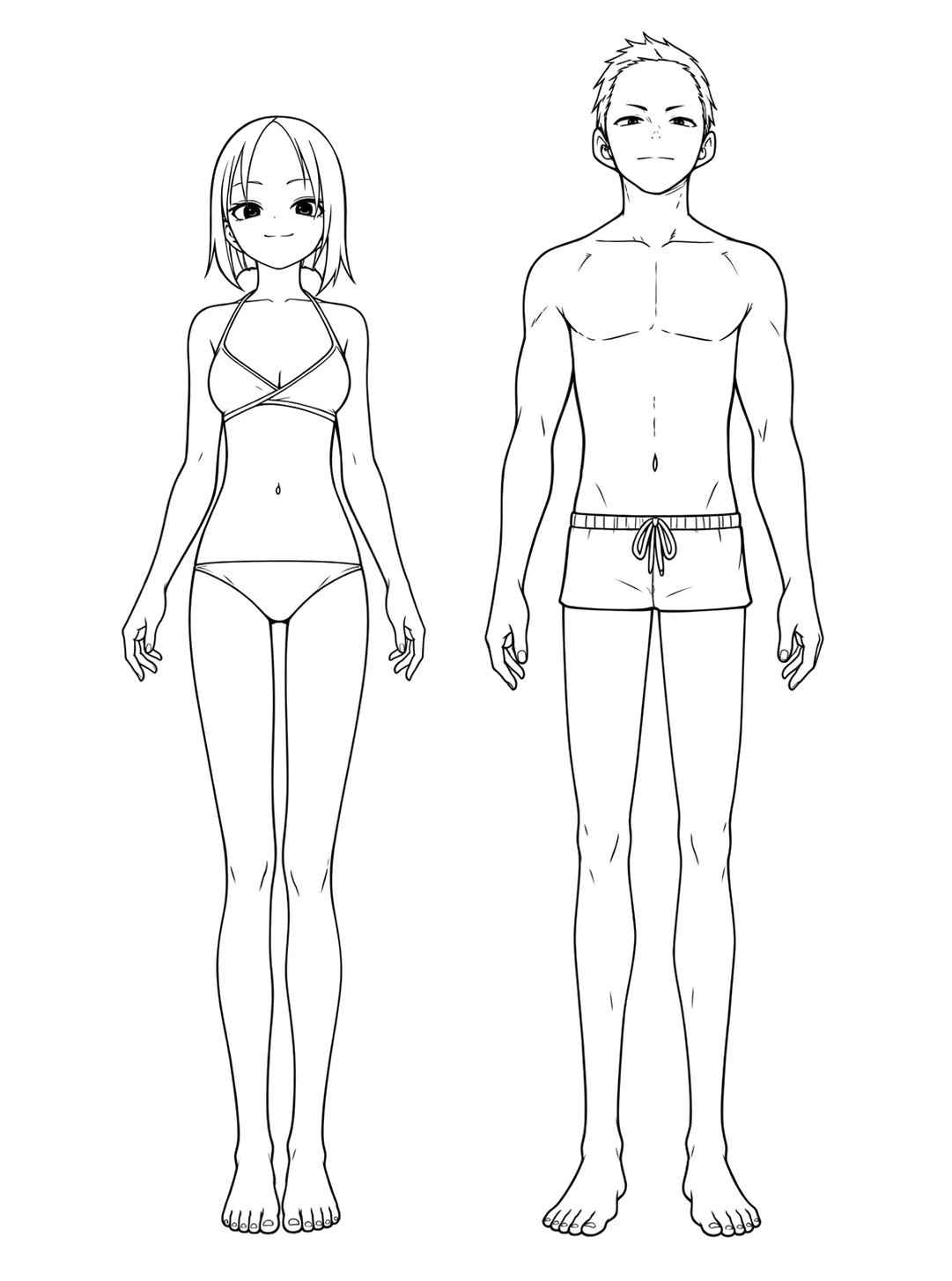 An anime adult woman in a bikini and an adult man in swim trunks standing side by side
