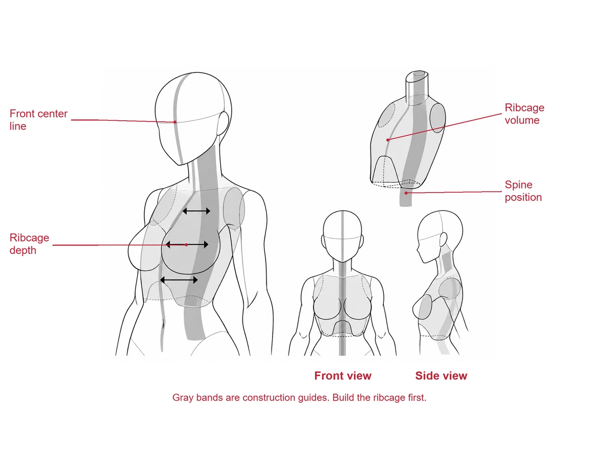 Faceless torso construction with a gray ribcage and guides, shown from the front and side