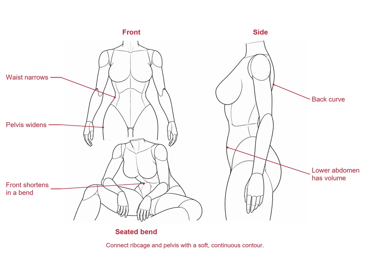 Adult mannequin torso studies from the front and side, plus a seated forward bend showing the waist between ribcage and pelvis.