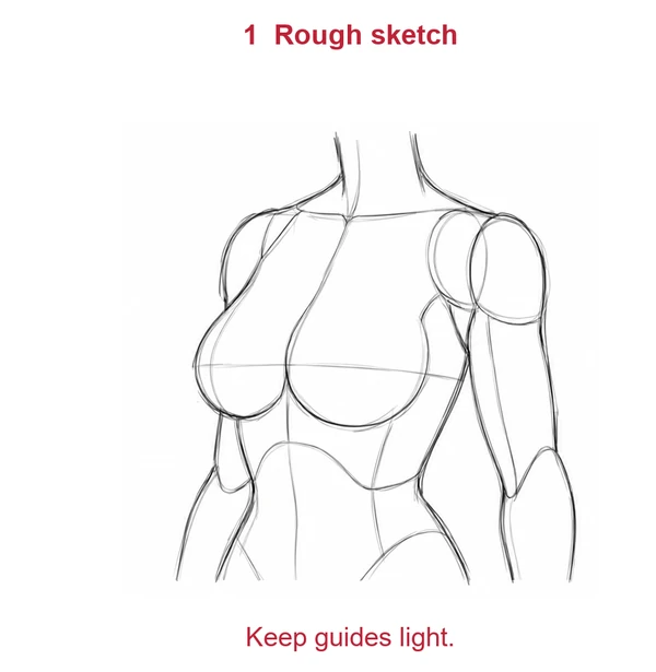 Before: ribcage, center guides and rough contours.