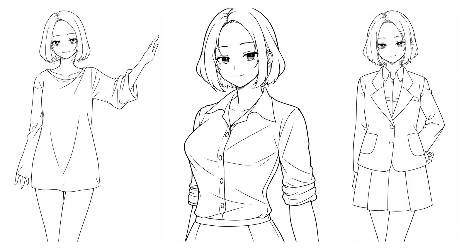The same anime girl in a loose shirt, a blouse with rolled sleeves and a buttoned school jacket, showing how folds change with each outfit