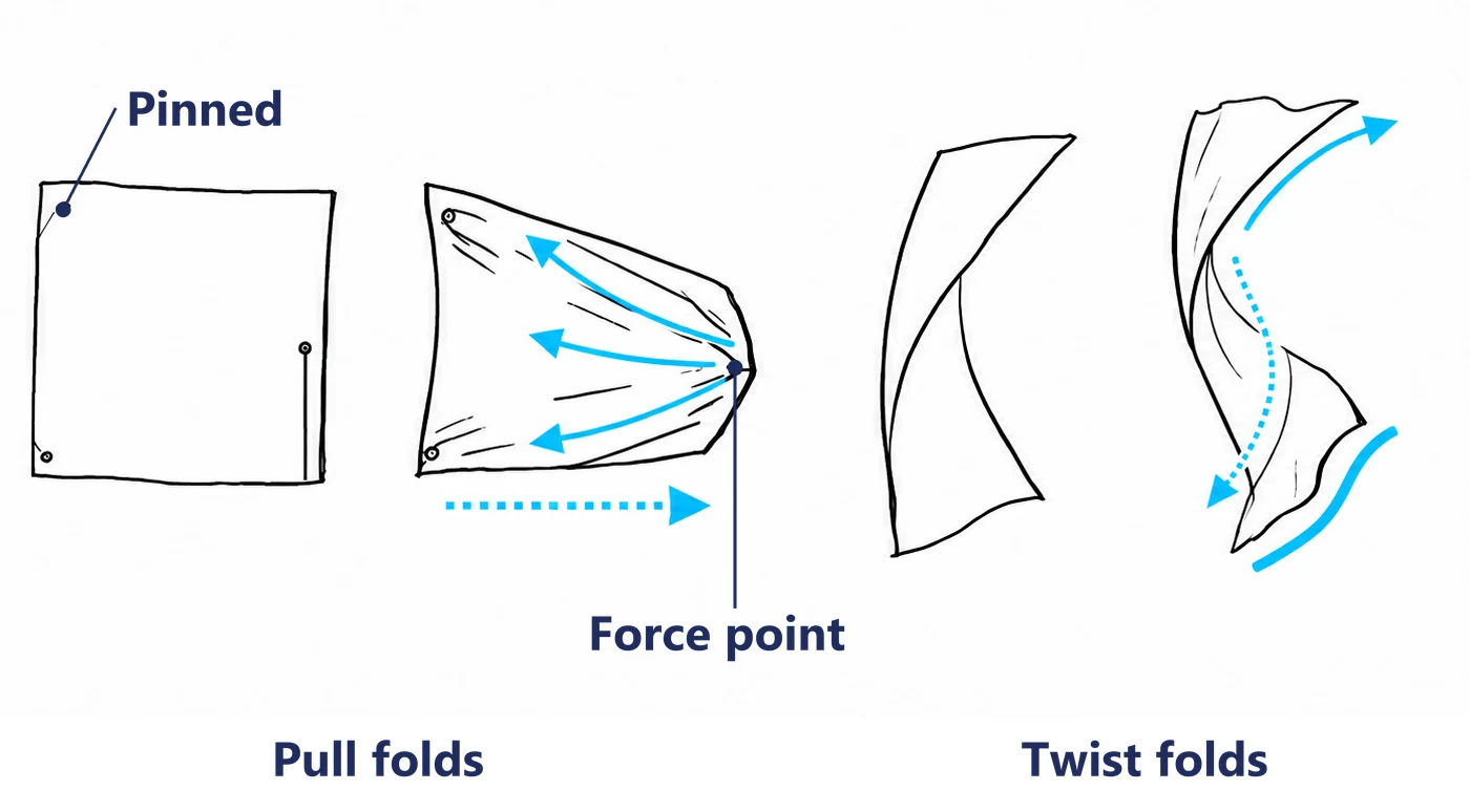 A sheet of cloth showing pull folds and twist folds