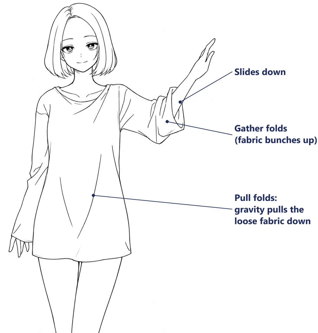 Anime girl in a loose shirt raising one arm, with the sleeve sliding down