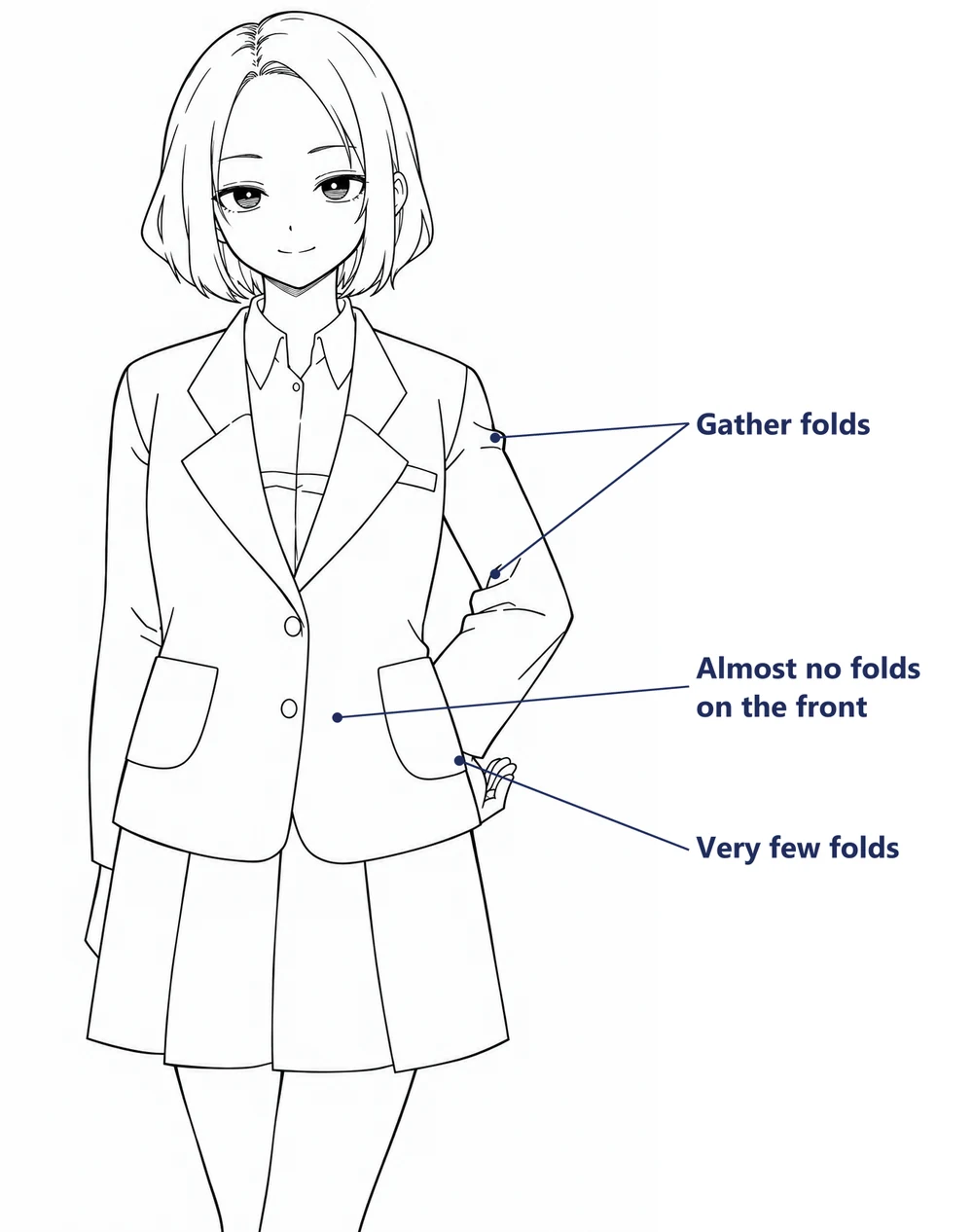 Anime girl in a buttoned school jacket with very few folds on the front