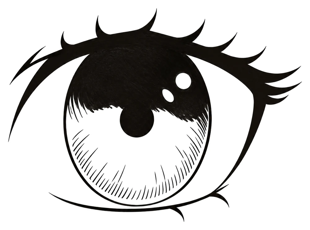 The finished anime eye with a black pupil, dark upper iris, white highlights and fine lines in the lower iris