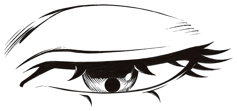 An anime eye looking down, front view, with the upper lid lowered over the iris