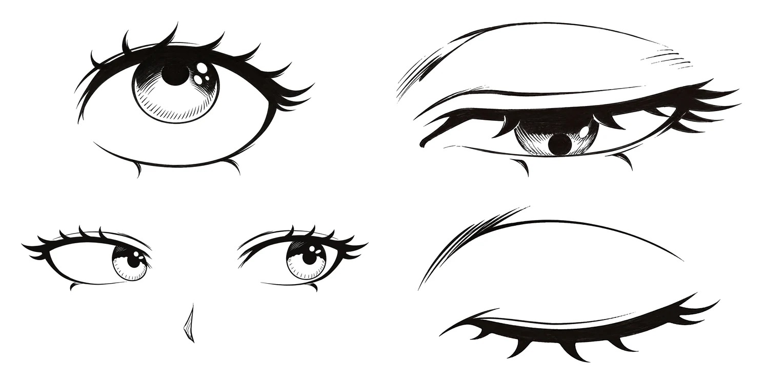 Four eyes looking up, looking down, looking sideways and closed