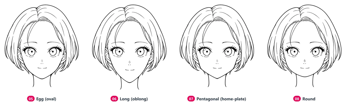 The same anime girl drawn with four face shapes: egg, long, pentagonal and round
