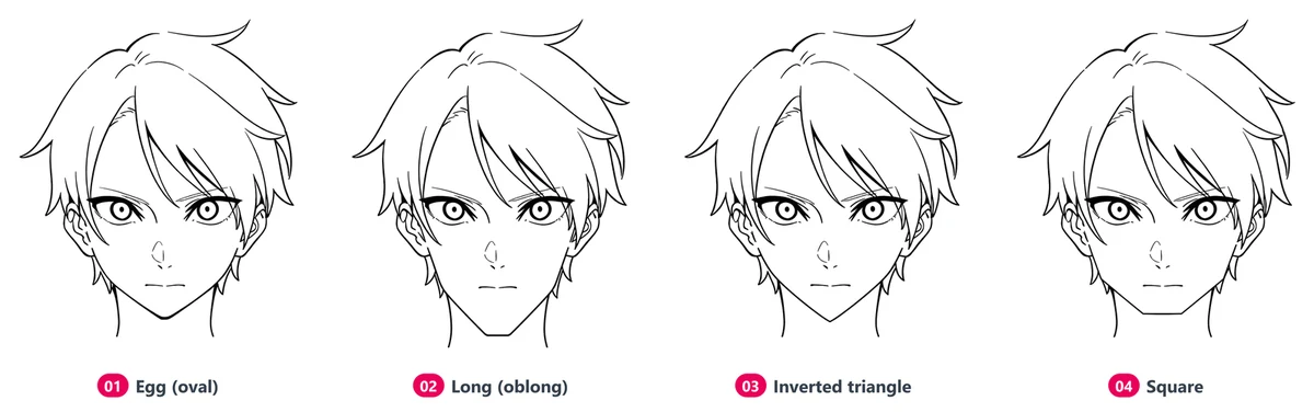 The same anime boy drawn with four face shapes: egg, long, inverted triangle and square
