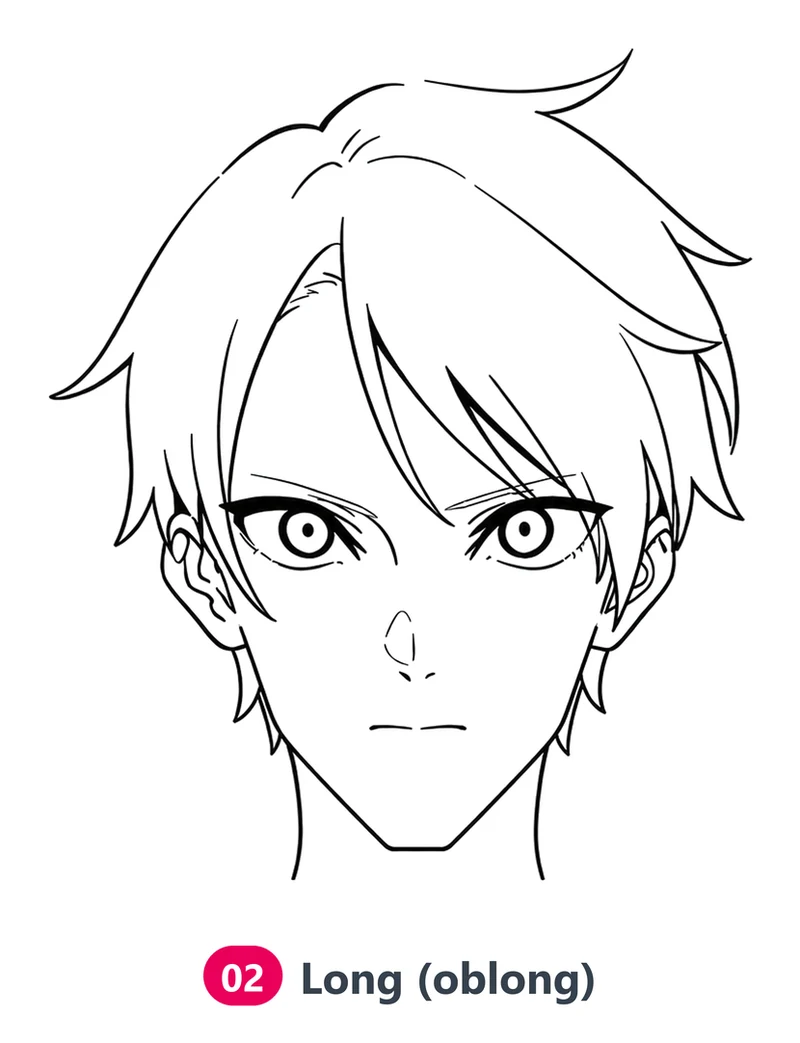 Anime boy with a long face: the tip of the chin squared off and the face slightly longer