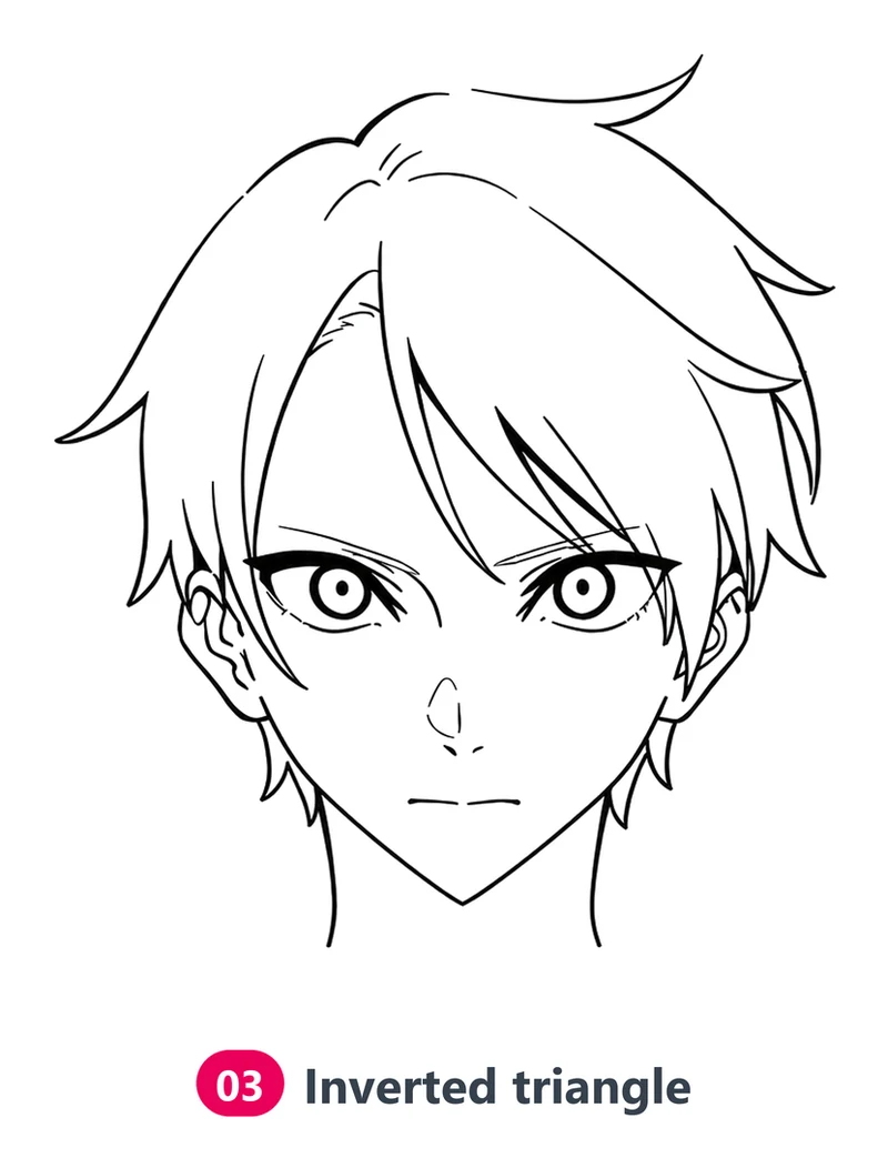 Anime boy with an inverted triangle face: almost no jaw corners and a chin that narrows to a point