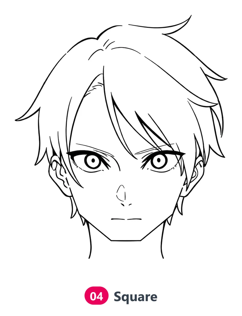 Anime boy with a square face: an angular jaw with a flat bottom