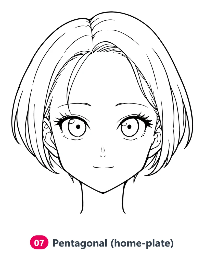 Anime girl with a pentagonal face: wide jaw corners, shaped like a baseball home plate