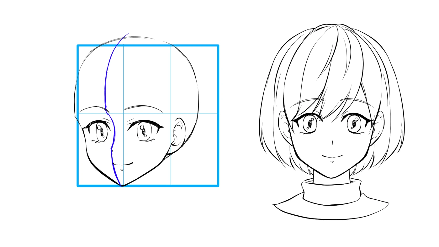 Anime face construction guide: a head built on a blue proportion grid next to the finished face