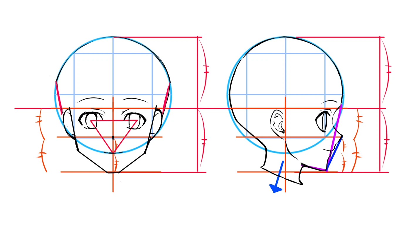 Anime Art Academy lesson guide: profile view of an anime head constructed inside a blue proportion box with the finished profile beside it