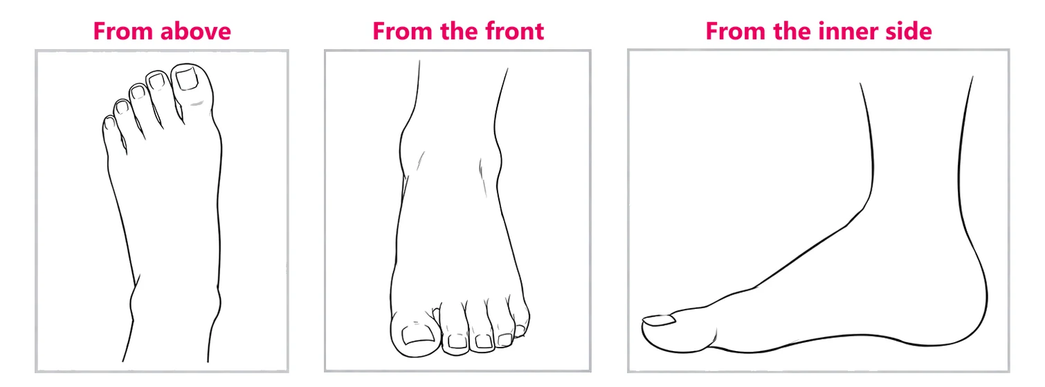 A finished anime foot drawn from above, from the front and from the inner side