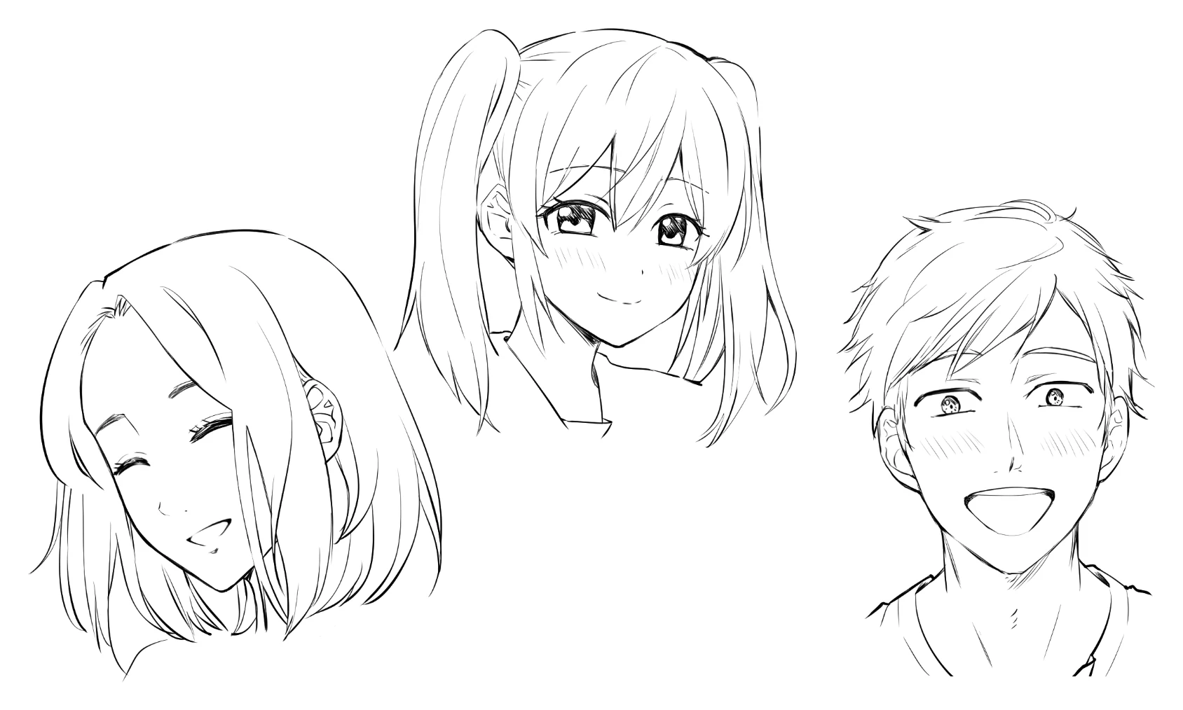 Three anime characters smiling: a girl laughing with her eyes closed, a girl with a gentle smile and a boy shouting with joy