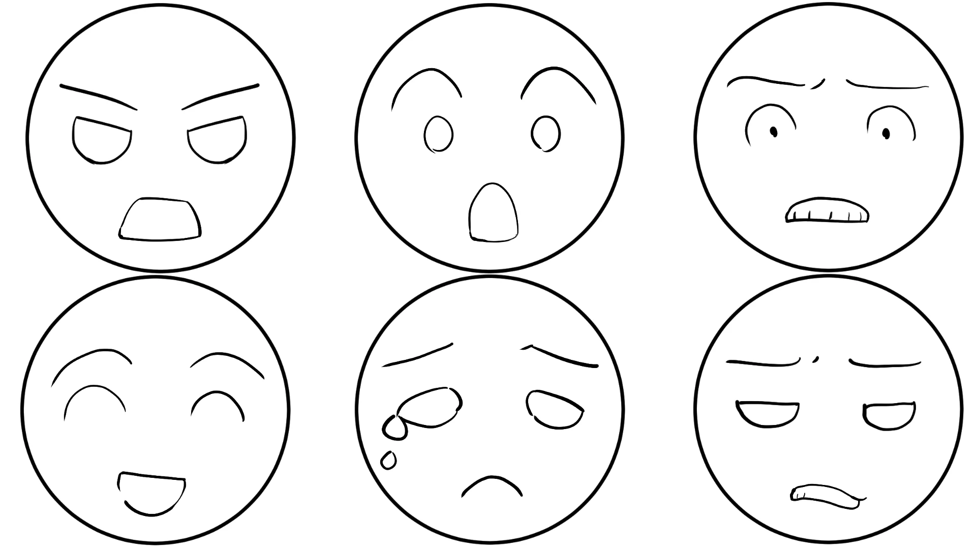 Six simple round faces from the lesson showing anger, surprise, fear, joy, sadness and disgust