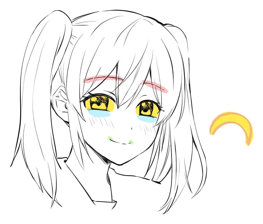 An anime girl with a gentle smile, with the brows, lower eyelids, crescent eyes and mouth corners marked in color